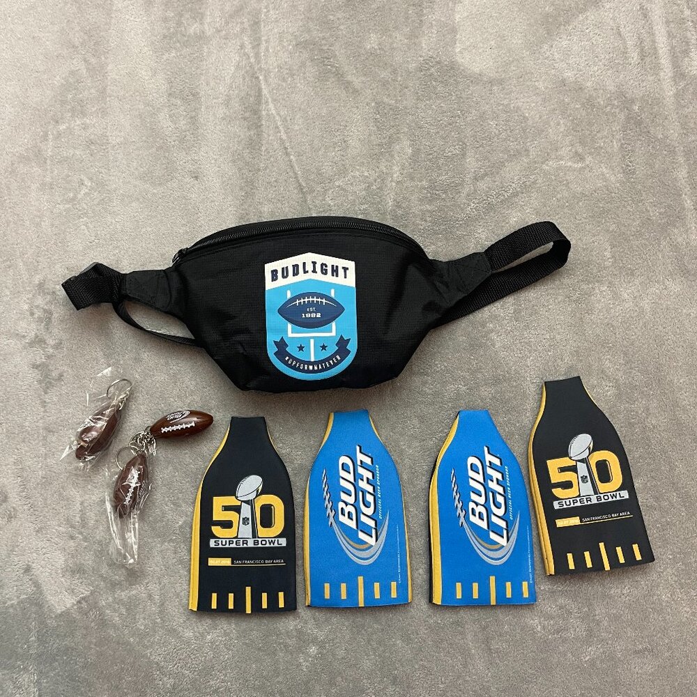 Bud Light Fanny Pack Black with 4 Bottle covers, and 3 football bottle openers